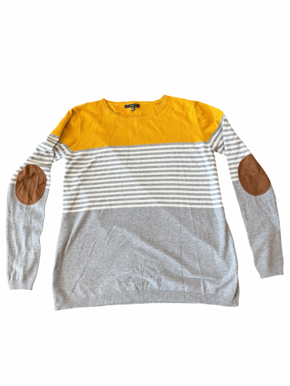 Staccato Yellow and Gray Striped Sweater with Brown Elbow Patches